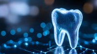 Glowing digital tooth hologram on dark background with blue bokeh lights and network connections represents modern dental technology and healthcare.
