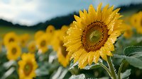 Vibrant sunflower with water droplets in morning dew against blurred field background, showcasing natural freshness and agricultural beauty in summer season.