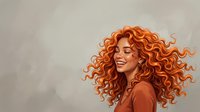 Woman with voluminous curly orange-red hair wearing rust-colored ribbed top, smiling against neutral gray background. Isolated portrait for design, fashion, beauty, and lifestyle projects.