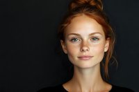 Young woman with red hair, freckles and bright blue eyes smiling softly against dark background. Natural beauty portrait with minimal makeup and hair in casual updo.