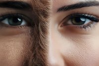 Close-up view of contrasting male and female eyes with defined eyebrows showing gender differences in facial features and skin texture. Suitable for beauty and cosmetic campaigns.