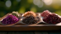 Dried tea leaves and flower petals in wooden spoons on rustic background, purple cabbage, black tea, and hibiscus varieties for brewing herbal infusions.