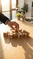 Business professional selecting wooden blocks with corporate icons representing strategic planning and team building in modern office environment.