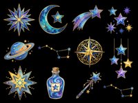 Celestial and space-themed design elements including stars, moons, planets, and constellations isolated on transparent background. Ready for t-shirts, clipart, stickers, sublimation, and print-on-demand projects.