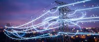 High voltage transmission tower with glowing energy streams and light trails against purple twilight sky. Electric power grid infrastructure concept.