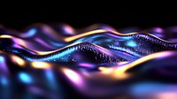 Glowing neon waves with vibrant blue, purple and orange colors create dynamic flowing motion against dark background, abstract digital art for modern design projects.