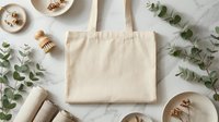 Eco-friendly cotton tote bag mockup with natural eucalyptus leaves and wooden accessories on marble surface for sustainable branding designs.
