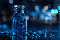 Glass medical vial with molecular structure pattern against dark background with blue bokeh lights and scattered molecules, representing pharmaceutical research.
