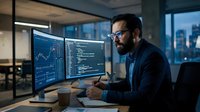 Male software developer or data analyst with dark hair and beard, wearing glasses and dark blue shirt, working at computer workstation with multiple monitors displaying code and financial charts in modern office with city skyline view.
