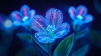 Glowing blue flowers with luminescent petals against dark background, magical nature macro photography with bokeh effect and neon colors for fantasy designs.