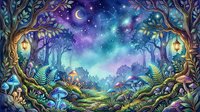 Enchanted forest woodland scene with glowing lanterns, mystical night sky, crescent moon, and magical aurora lights illuminating ancient trees and ferns for fantasy artwork.