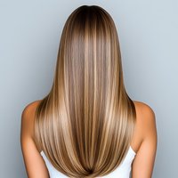 Long straight brown hair with blonde highlights shown from behind on woman wearing white top against gray background, professional salon result styling.