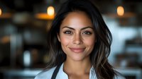 Professional young Hispanic woman with long wavy hair smiling confidently in modern office environment with warm lighting and blurred background.