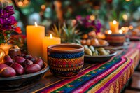 Festive table setting with glowing candles, traditional ceramic bowl, colorful woven runner, fresh fruits and decorative elements creating cozy autumn atmosphere.