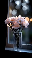 Delicate pink peonies in crystal vase on windowsill with soft bokeh background create romantic mood for home decor and floral design inspiration.