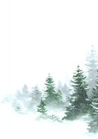 Misty winter forest with evergreen pine trees in fog and snow, creating serene atmospheric landscape for seasonal designs.