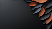 Minimalist floral composition with dark gray and copper colored paper leaves arranged in corner pattern on black background. Modern botanical art concept.