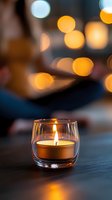 Glowing candle in glass holder on dark surface with soft bokeh lights creating cozy atmosphere. Warm candlelight reflects on wooden table.