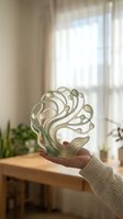 Hand holding translucent glass sculpture with organic flowing forms near sunlit window, contemporary home decor and artistic design element for interior styling.