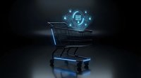 Futuristic shopping cart with glowing cybersecurity shield hologram displaying digital protection icons on dark background for ecommerce safety concepts.