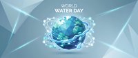 Glowing low poly Earth globe surrounded by water splashes on light blue geometric background for World Water Day banner.