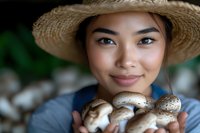 Young Asian woman in straw hat holding fresh mushrooms and smiling, close up portrait. Natural organic farming and sustainable agriculture concept.