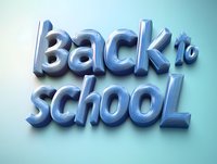 Glossy blue back to school text with soft shadows on light turquoise background, modern typography design for educational materials and promotions.