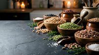 Assorted legumes and pulses in wooden bowls with scoops on dark surface, featuring lentils, chickpeas, and beans for cooking and nutrition content.