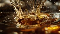 Liquid splash crown formation with golden amber beverage, ice cube falling into drink creating dynamic ripples and droplets against dark background. Perfect for beverage ads.