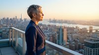 Mature woman with gray hair wearing dark blazer standing on high-rise balcony overlooking sprawling cityscape at sunset, contemplating urban skyline for business, leadership, and corporate concepts.