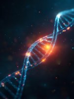 Glowing DNA molecule strand with blue and orange light effects on dark background, genetic research concept for science and medical presentations.