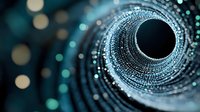 Futuristic digital tunnel with binary code pattern and glowing particles on dark background, representing data flow and cyber security technology concept.
