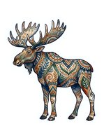 Moose with ornamental tribal patterns and decorative mandala designs covering body, isolated on white background for clipart and design use.