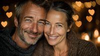 Happy mature Caucasian couple embracing with warm heart-shaped bokeh lights background for romantic Valentine's Day celebration and love concepts.