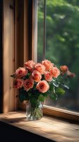 Fresh coral roses in glass vase on wooden windowsill, natural sunlight streaming through window creates warm atmosphere with green garden backdrop.