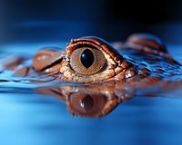 Close-up macro shot of orange alligator eye partially submerged in blue water with reflection, showing detailed texture of reptilian iris and scaly skin around eye.