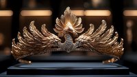 Luxurious golden phoenix crown tiara with spread wings and jeweled details on display stand, elegant ornamental headpiece for royalty, fantasy, costume design, and theatrical productions.