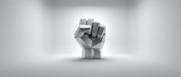 Raised fist symbol made of stacked geometric blocks in grayscale, isolated on white background. Suitable for protest, unity, strength, and empowerment concepts in design projects.
