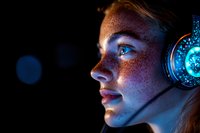 Young woman with freckles in profile view wearing glowing headphones illuminated by blue neon light against dark background, creating atmospheric mood.