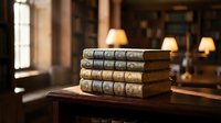 Stack of antique leather-bound books on wooden table in elegant library setting with warm lamp lighting, suitable for education, literature, and interior design projects.