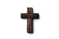 Rustic wooden cross with textured bark surface and natural wood grain detail isolated on white background for religious and spiritual designs.