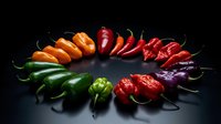 Colorful hot chili peppers arranged in circle on dark background. Fresh spicy vegetables from green to red showcasing heat levels for cooking and cuisine.