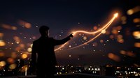 Professional businessman silhouette pointing at glowing upward arrow with sparkling light effects against dark background for success and growth concepts.