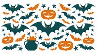 Festive Halloween pattern with smiling pumpkins, flying bats, magic cauldron and stars in orange and dark green colors. Seamless repeat design for seasonal decor.