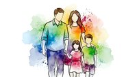 Happy family of four with parents and children in watercolor style with colorful paint splashes on white background for greeting cards and designs.