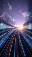 Futuristic digital highway with glowing light trails and geometric network connections in purple sky for technology and innovation concepts.