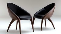 Modern curved armchairs with dark walnut wooden frame and black leather upholstery on light background, contemporary furniture design for living spaces.