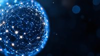 Glowing blue network sphere with connected dots and lines representing global digital connectivity and data exchange on dark background. Suitable for technology concepts.