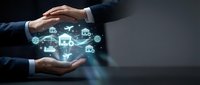 Business hands protecting digital cloud computing network with connected devices and data security icons for technology solutions.