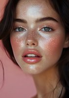 Close up portrait of young woman with freckles and glitter makeup on pink background, natural beauty look with glossy lips and glowing skin for cosmetic advertising.